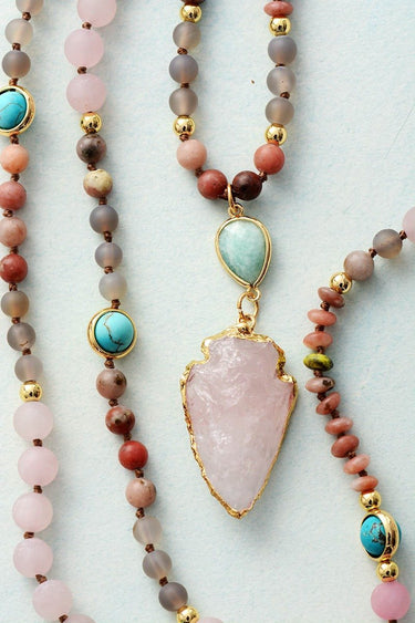 Pink Rose Quartz Arrowhead Mala Turquoise Necklace-Your Soul Place